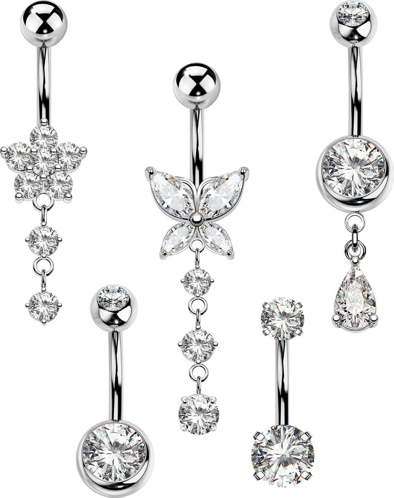 MS CUTE 5PCS Belly Button Rings for Women 14G Dangle Navel Piercing Jewelry Set Surgical Stainless Steel Body Jewelry with CZ Butterfly Flower Teardrop Barbell for Beach Festival Daily - Image 1